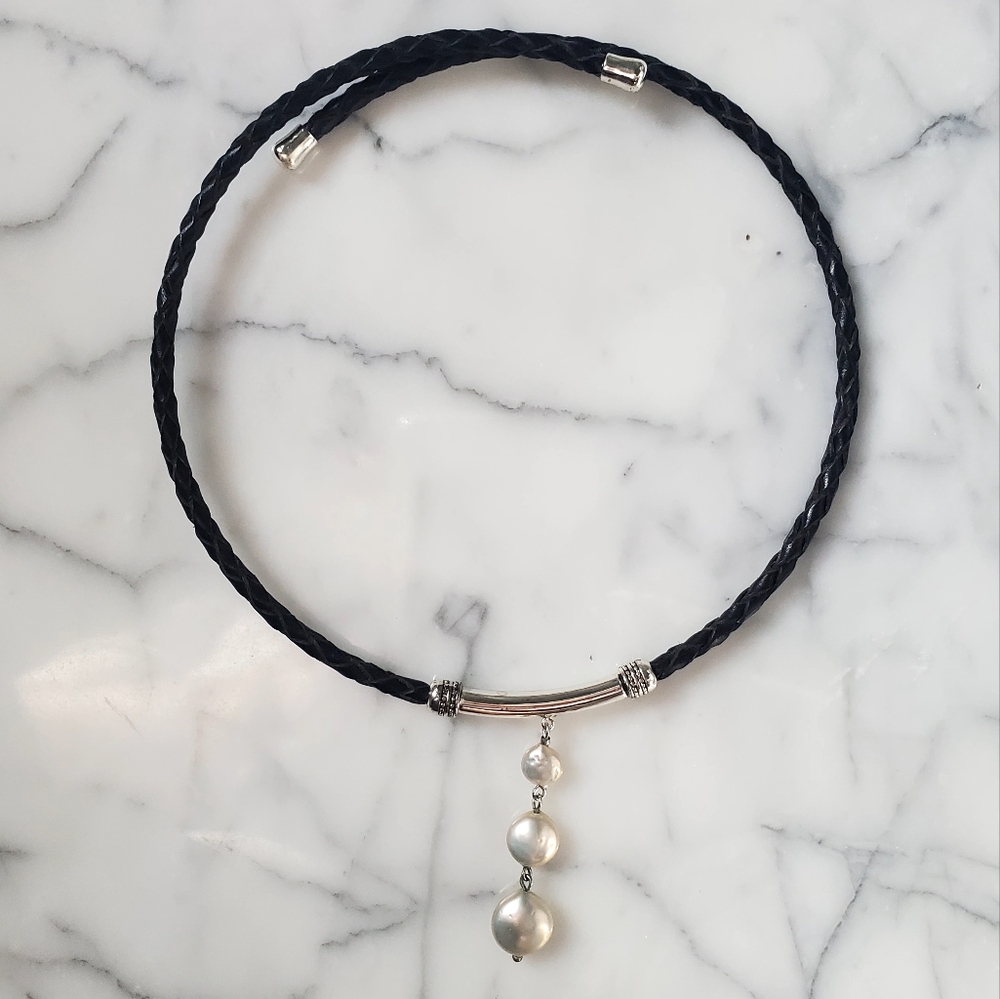 Necklace Leather Pearl Colar